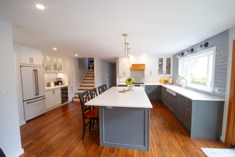Modern kitchen with wooden flooring