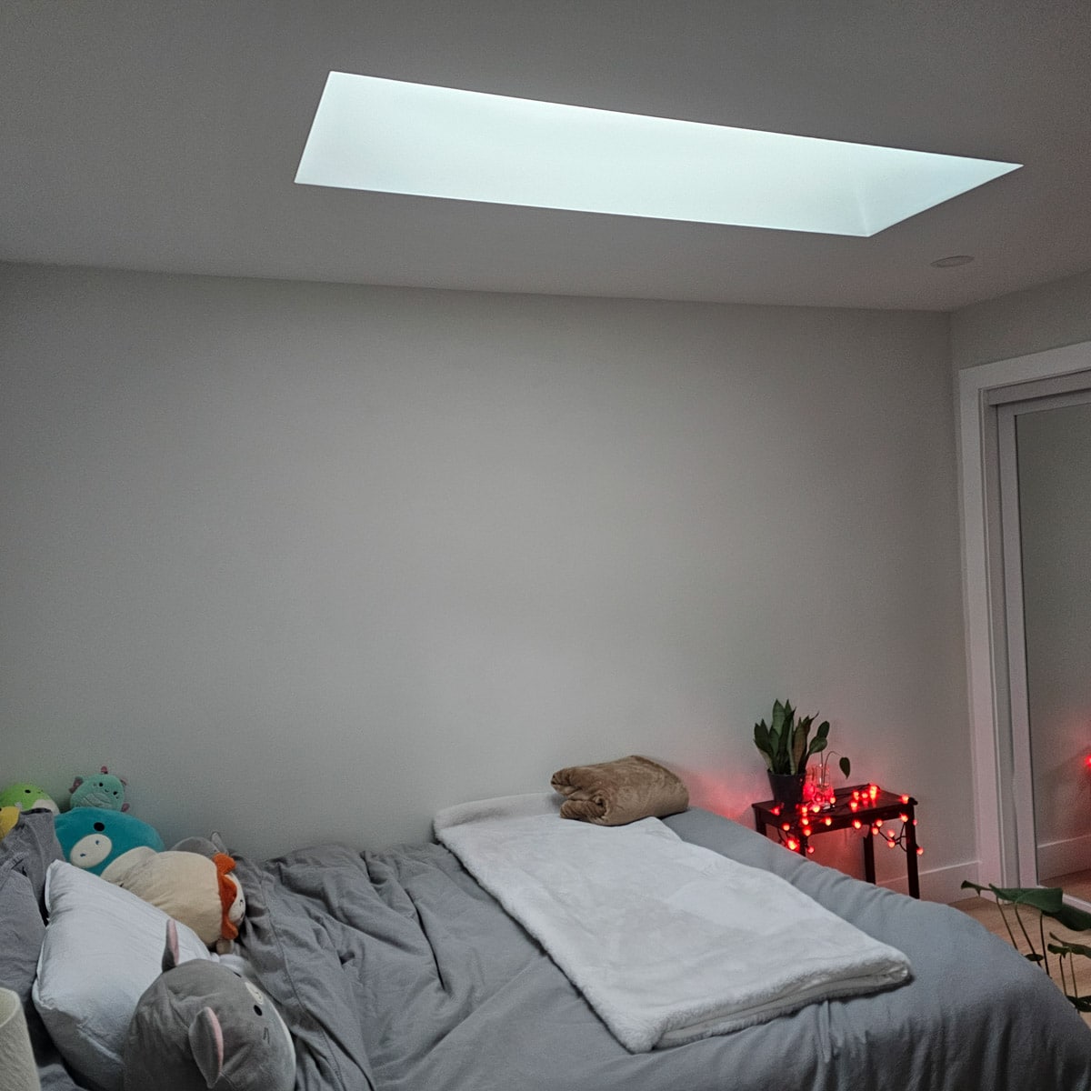 Cozy bedroom with skylight and decor
