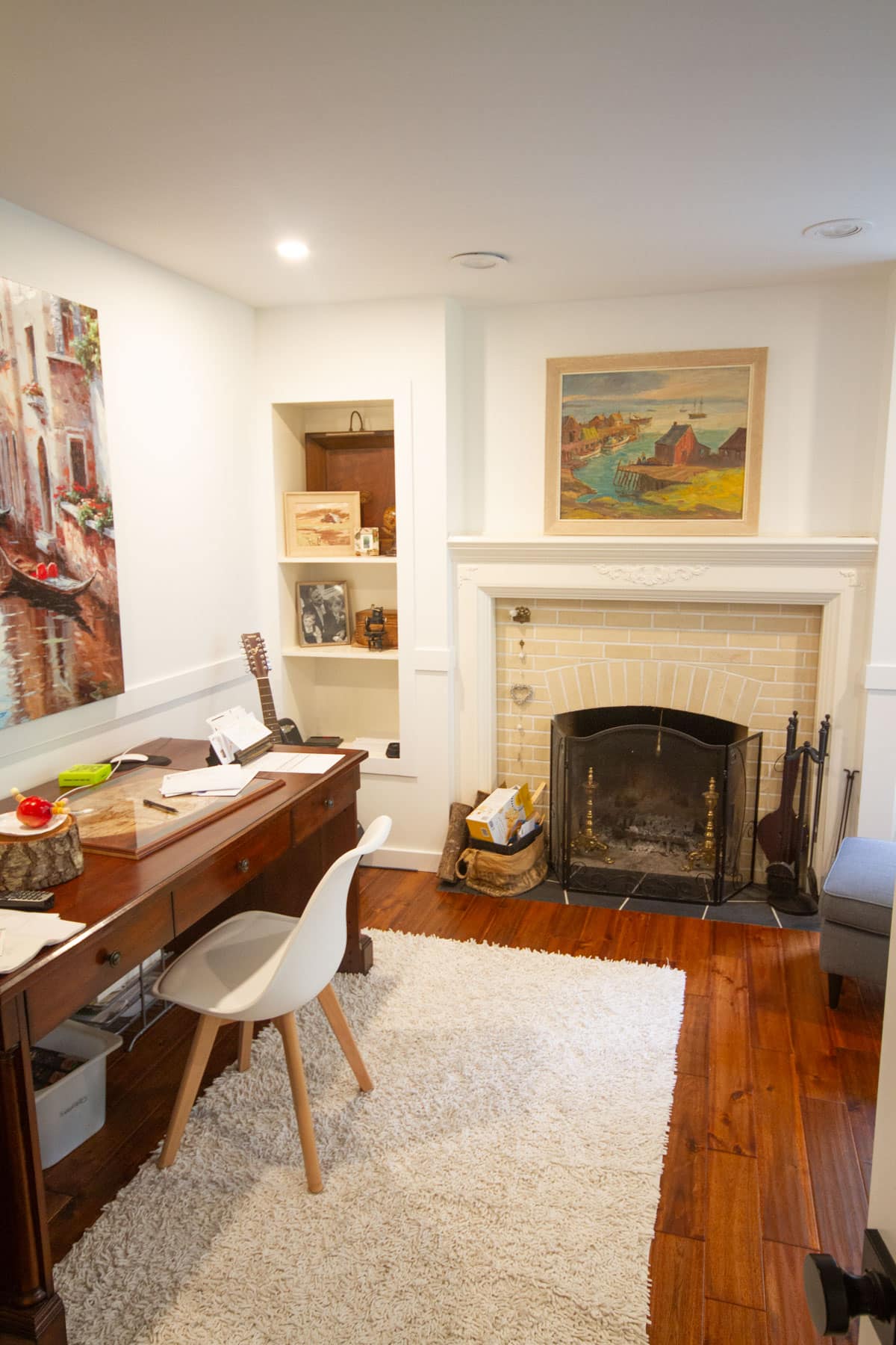 Cozy home office with fireplace.
